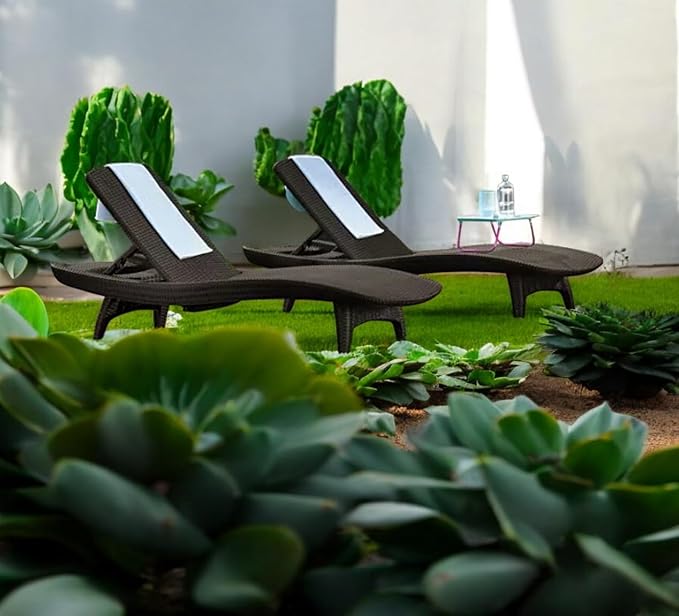 Outdoor Patio Chaise Lounge Chairs, All-Weather Wicker Rattan, Adjustable Backrest, Set of 2 (Brown)