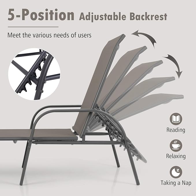 Nightcore Chaise Lounge Chair Outdoor, Pool Chair with 5 Adjustable Backrest, Patio Lounge Chairs with Breathable Fabric, Comfortable Armrest, Chaise Lounge for Patio, Pool, Bench (2, Brown)