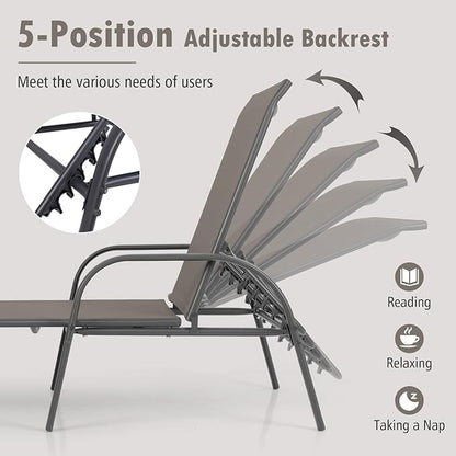 Nightcore Chaise Lounge Chair Outdoor, Pool Chair with 5 Adjustable Backrest, Patio Lounge Chairs with Breathable Fabric, Comfortable Armrest, Chaise Lounge for Patio, Pool, Bench (2, Brown)