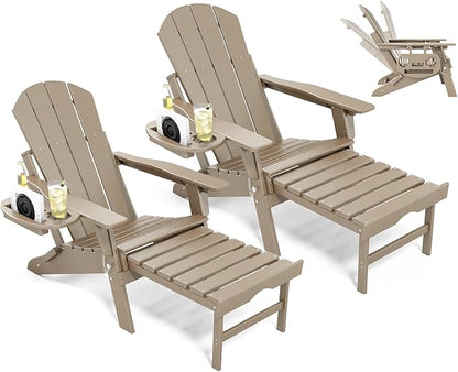 Adjustable Adirondack Chair with Retractable Ottoman Set of 2, HDPE Folding Adirondack Chair with Cup Holder, All Weather Fire Pit Chair for Outdoor.