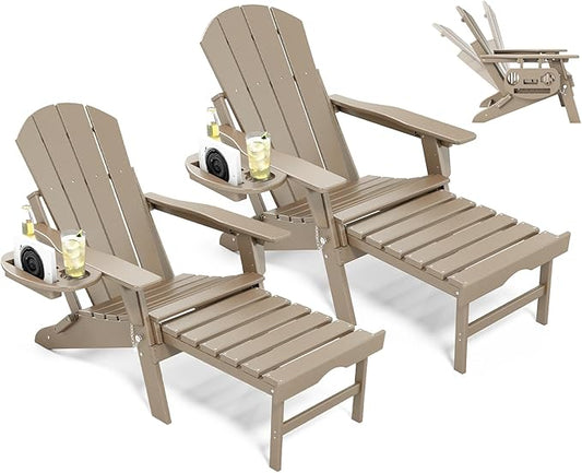 Adjustable Adirondack Chair with Retractable Ottoman Set of 2, HDPE Folding Adirondack Chair with Cup Holder, All Weather Fire Pit Chair for Outdoor.
