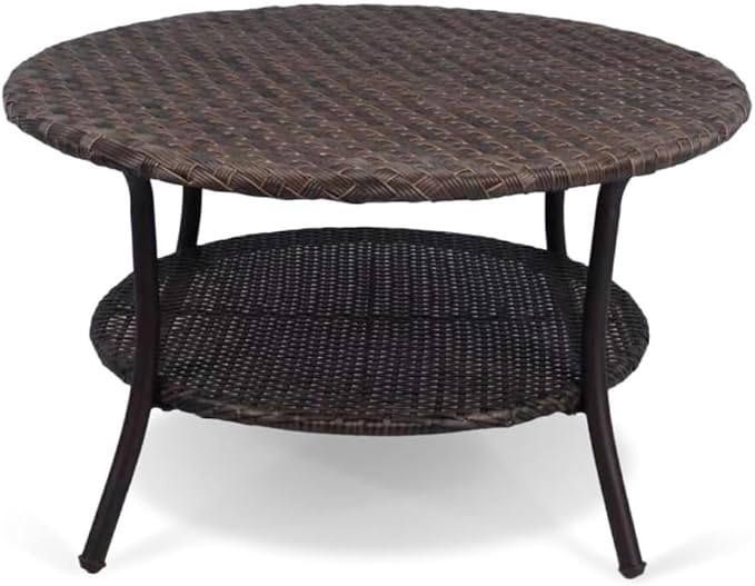 Cambridge Outdoor Rattan Round Coffee Table, All-Weather HDPE Wicker Patio Side Table 2-Tier Circle Table with Storage for Garden Porch Deck, Brown