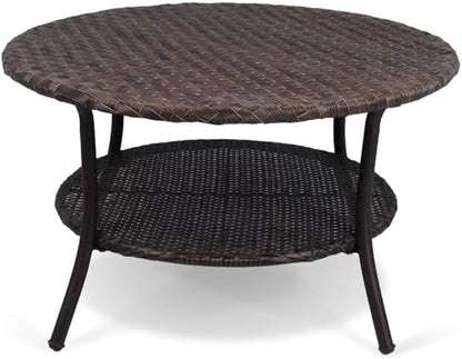 Cambridge Outdoor Rattan Round Coffee Table, All-Weather HDPE Wicker Patio Side Table 2-Tier Circle Table with Storage for Garden Porch Deck, Brown