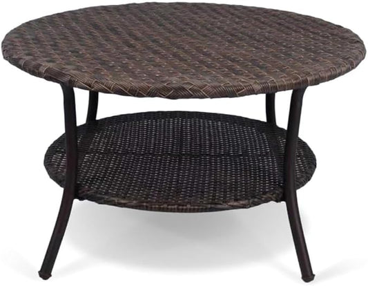 Cambridge Outdoor Rattan Round Coffee Table, All-Weather HDPE Wicker Patio Side Table 2-Tier Circle Table with Storage for Garden Porch Deck, Brown