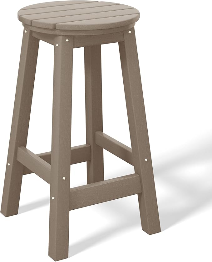 Costaelm 24" Height Outdoor Bar Stools, All-Weather Bar Stools, Adirondack Poly Patio Round Bar Stool for Patio, Deck, Kitchen Counter and Garden, Weathered Wood