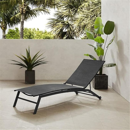 Pemberly Row Outdoor Chaise Lounge Chair, Charcoal Textilene Sling Fabric, Matte Black Powder-Coated Steel Frame, Six-Position Adjustable Backrest, Wheeled Design, Durable UV-Resistant Patio Furniture