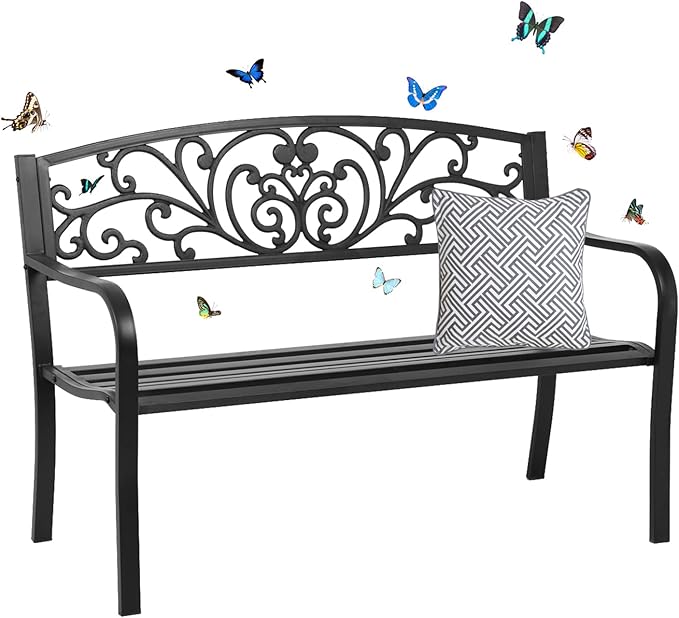 Patio Bench Park Bench Outdoor Bench Garden Bench Metal Pack Bench with Armrests 480lbs Cast Iron Sturdy Steel Frame Furniture Chair for Porch Entryway Lawn Decor Deck, Black