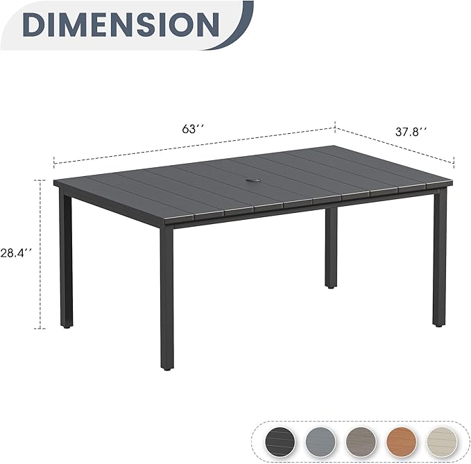 VICLLAX Outdoor Patio Dining Table for 6, 63" Rectangle Dining Table with Umbrella Hole for Porch, Backyard, Garden, Deck, Black