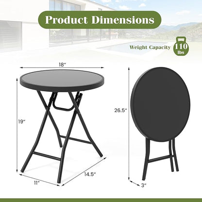 Giantex Folding Outdoor Side Table with Tempered Glass Tabletop & Metal Frame, Portable 18” Round End Table for Patio, Sofa Side, Yard, Porch, Poolside Living Room, Black