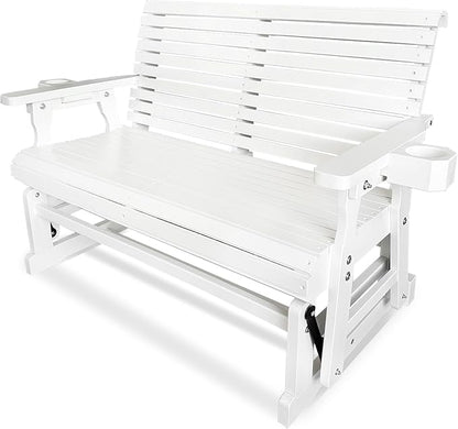 Fortune Candy Patio Glider with Cup Holders, High Roll Back and Deep Contoured Seat,Heavy Duty 800 Lb (White, 2-Seater)