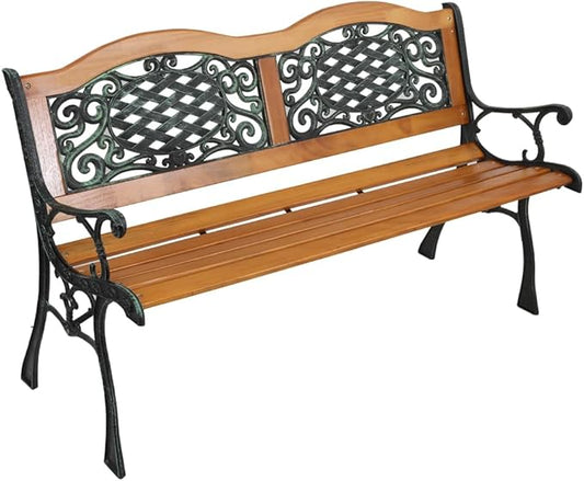 49" Outdoor Garden Bench, Patio Furniture Outdoor Chair with Hardwood Slats and Cast Iron Frame, Weather Proof 2-Person Outdoor Loveseat for Park, Porch, Pool, Backyard