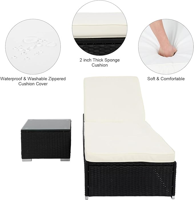 VINGLI Outdoor Chaise Lounge Chair Set with Side Table, Pool Lounge Chair with Adjustable Backrest,Waterproof Black Rattan Recliners Outside Patio Lounger Furniture