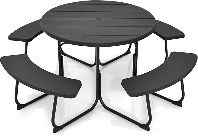 Round Picnic Table for Outdoors, 8 Person Outdoor Picnic Tables & Benches Set with Umbrella Hole - Photo 1