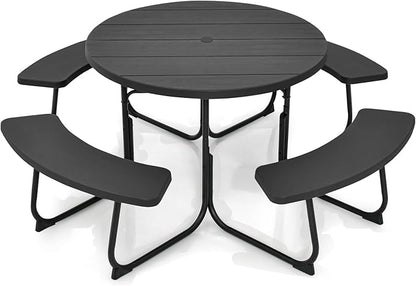 Round Picnic Table for Outdoors, 8 Person Outdoor Picnic Tables & Benches Set with Umbrella Hole, HDPE Tabletop & Metal Frame, 2000 LBS Capacity Table Bench Set for BBQ, Garden, Lawn, Patio