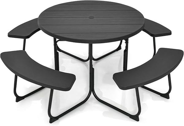 Round Picnic Table for Outdoors, 8 Person Outdoor Picnic Tables & Benches Set with Umbrella Hole - Photo 1