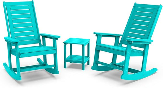 GREENVINES Outdoor Rocking Chair Set | 3-Piece | 2 Rocking Chairs with 1 Side Table | Porch Rocker | HDPE Plastic | Aqua | Patio Furniture Sets | High Back | Big & Tall | Ladder Back
