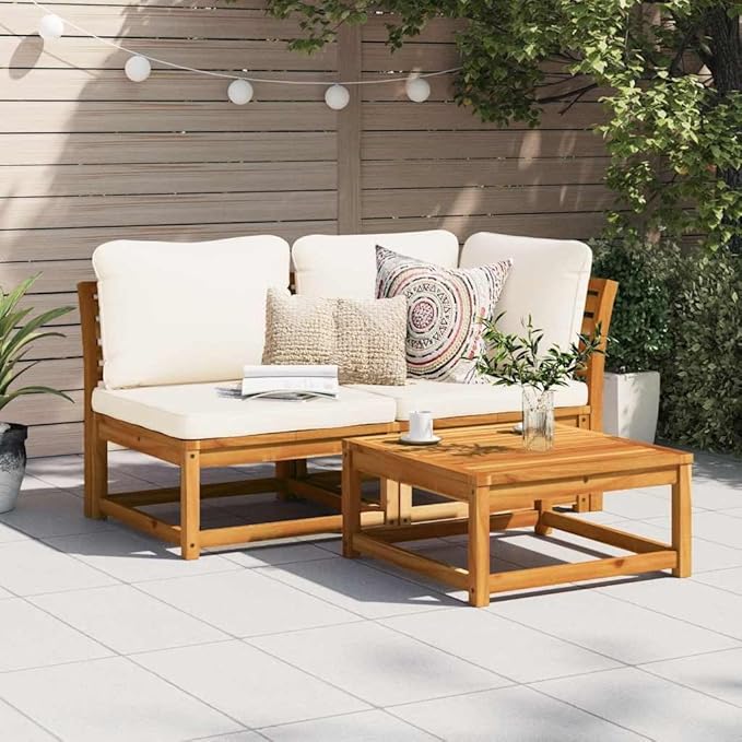 2 Piece Outdoor Sectional Sofa Set Cream White Acacia Wood Patio Couch with Removable Cushions Slatted Design Modular Small Balcony Garden Conversation for Deck Lawn Sunroom