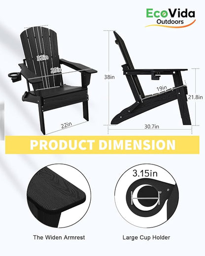 Upgraded Folding Adirondack Chair with All-Weather Cup Holder-EcoVida, Premium Wood Grain Texture, HDPE Waterproof, Suitable for Fire Pit, Patio, Porch, Black