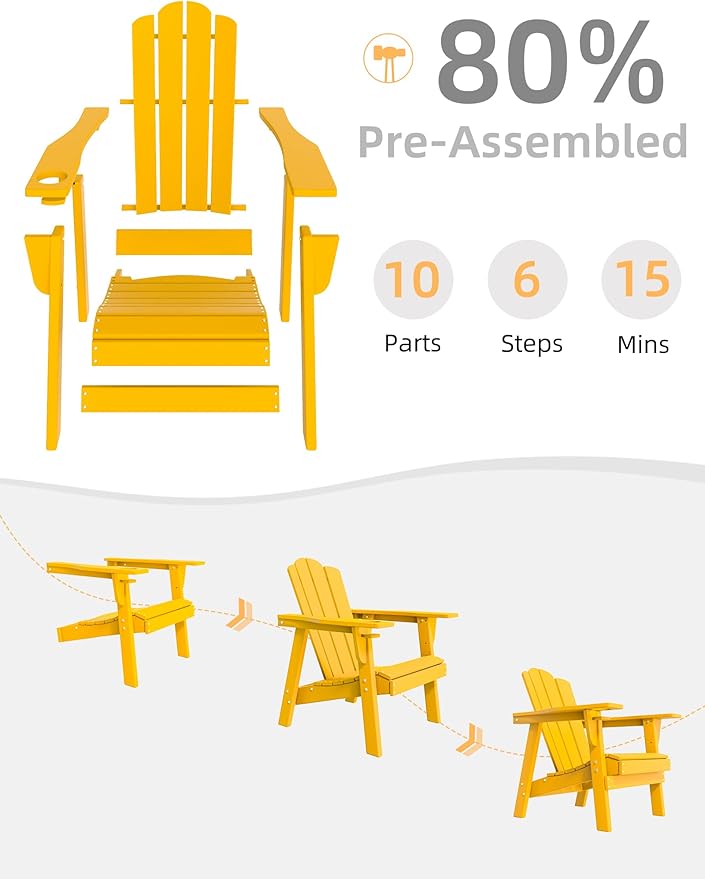 Adirondack Chair - Durable HDPE Poly Lumber All-Weather Resistant, Oversized Balcony Porch Patio Outdoor Chair for Lawn, Backyard, Deck, Garden, Camping - Easy Installation, Yellow