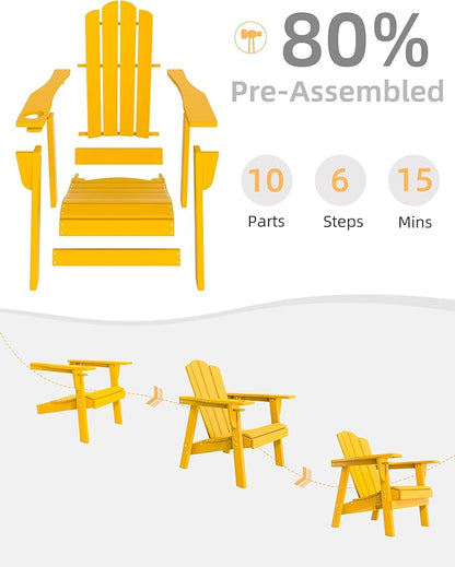 Adirondack Chair - Durable HDPE Poly Lumber All-Weather Resistant, Oversized Balcony Porch Patio Outdoor Chair for Lawn, Backyard, Deck, Garden, Camping - Easy Installation, Yellow