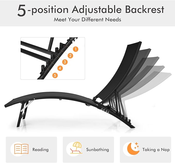 Giantex Outdoor Chaise Lounge Set of 2, Foldable Pool Lounge Chairs with 5-Position Adjustable Backrest, Quick-Drying Fabric, Patio Lounger for Backyard, Beach, Lawn, Sunbathing Recliner, Black
