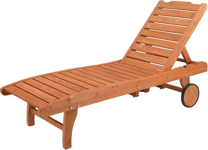 Outvita Wood Chaise Lounge Chair, 62" L Outdoor Sun Lounger Recliner with 3 Backrest Angles, Tray and Wheels, for Beach Poolside Deck Porch Garden, Natural
