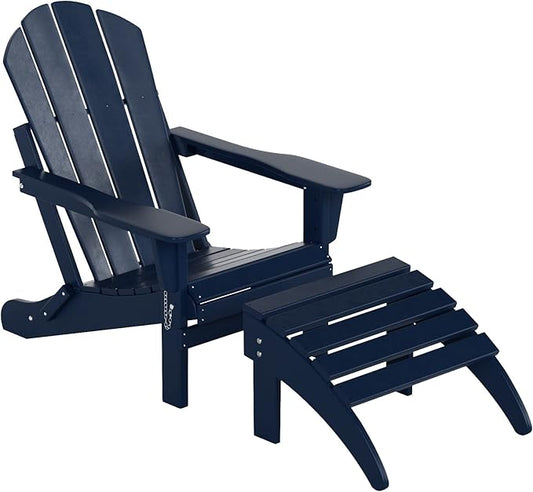 WO Home Furniture Adirondack Chair Outdoor Ottoman Set of 2 PCS Classic Patio Furniture (Navy Blue)