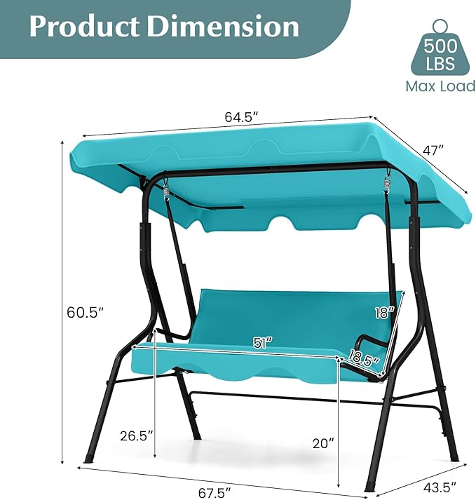 RELAX4LIFE 3-Person Porch Swing Chair - Outdoor Swing w/Adjustable Canopy, Removable Cushion & Metal Frame Stand - Photo 8