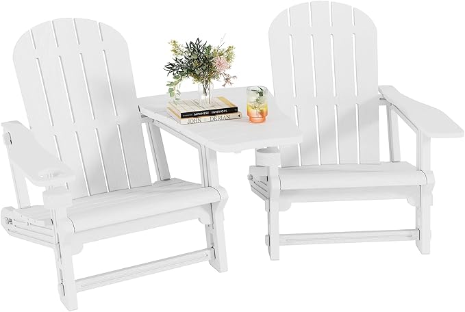 Shintenchi Adirondack Chairs Set of 2,HDPE Adirondack Chairs w/Removable Tablelop & Umbrella Hole,All-Weather Wooden Textured Plastic Outdoor Chairs w/Cup Holders for Garden Backyard Pool,White