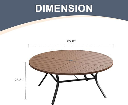 VICLLAX 60" Round Patio Dining Table for 8-10, All Weather Metal Outdoor Table with 1.57" Umbrella Hole and Surdy Frame for Garden Lawn Deck, Walnut