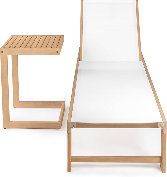JONATHAN Y LNG1100C-2SET Trabuco Coastal Modern Acacia Wood Mesh 3-Position Outdoor Chaise Lounge Set with Side Table Transitional, Classic, Minimalist, Traditional, Contemporary, White/Light Teak