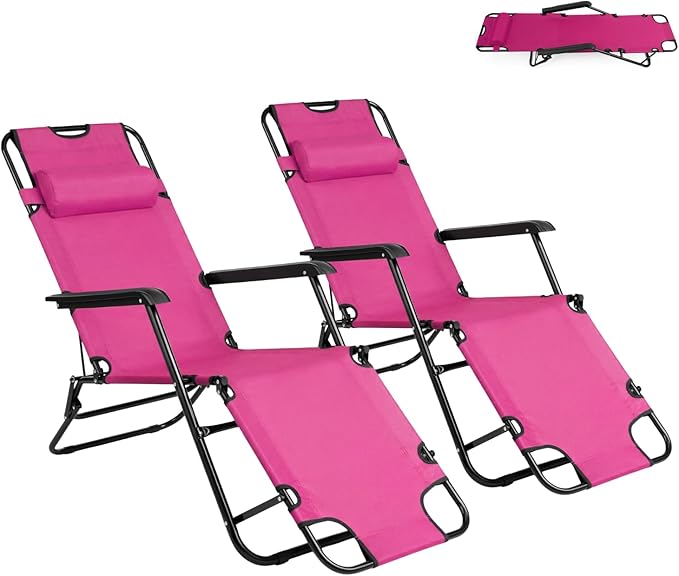 Outvita Folding Chaise Lounge Chair, Outdoor Adjustable Recliner Chair with Pillow for Camping, Beach, Poolside, Garden, Backyard, Lawn