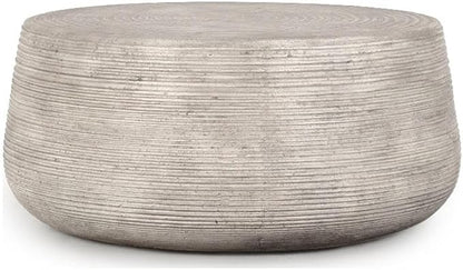 Pemberly Row Concrete Stone Outdoor Coffee Table, 37 in Wide, Rough Light Gray Finish, Fluted Texture, Hollow Drum Design, Durable Indoor/Outdoor Patio Table, Contemporary Style