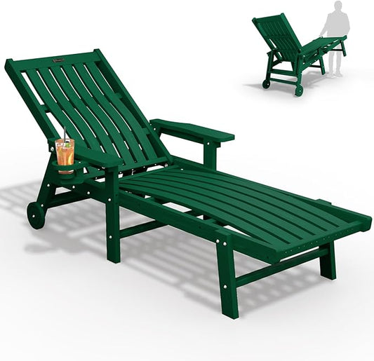 THOEOE Patio Chaise Lounge Chair, Oversized Lounge Chair Outdoor with 5 Positions, HDPE, Patio Lounge Chair with Wheels & Cup Holder for Pool, Deck, Poolside,Green