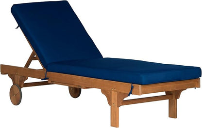 SAFAVIEH Outdoor Collection Newport Natural/ Navy Cushion Built-in Side Table Adjustable Chaise Lounge Chair