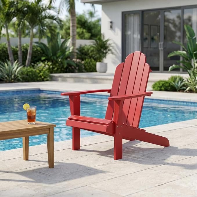 Red Adirondack Chair with Solid Acacia Wood, Durable Finish, Comfortable Design, Suitable for Outdoor Living Spaces