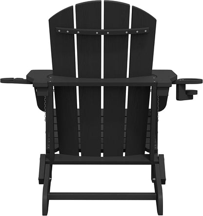 SERWALL Folding Adirondack Chair, Dual Cup Holders, Wood-Like Patio Chair for Backyard, Camping，Pool & Fire Pit- Black