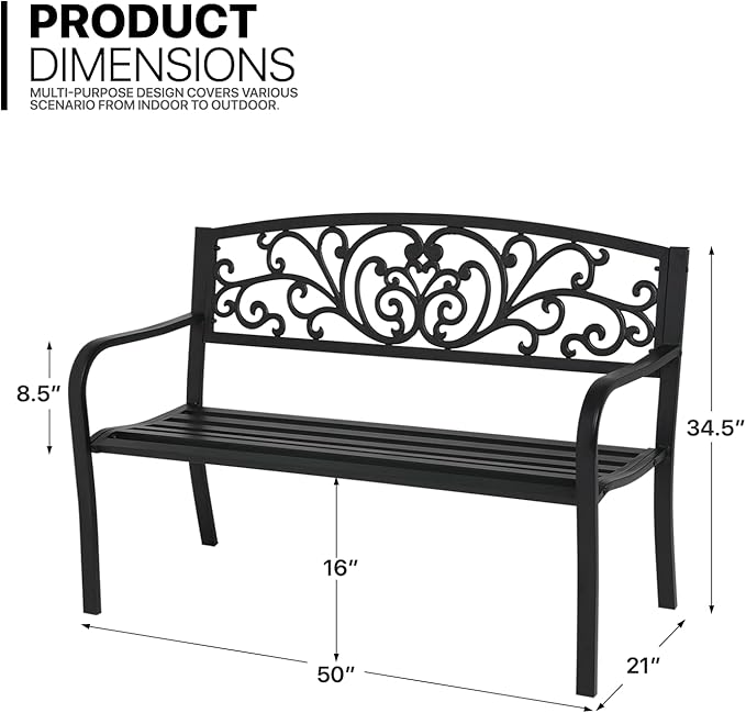 MoNiBloom Metal Bench Patio Benches for Outdoors, Iron Frame Antique Finish Park Bench with Armrests Lawn Porch Entryway Path Yard Decor Deck Furniture for 2-3 Adults Seat, Black