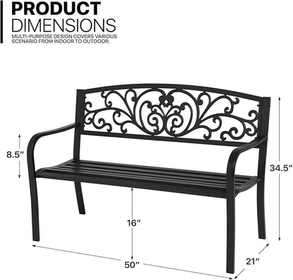 MoNiBloom Metal Bench Patio Benches for Outdoors, Iron Frame Antique Finish Park Bench with Armrests Lawn Porch Entryway Path Yard Decor Deck Furniture for 2-3 Adults Seat, Black