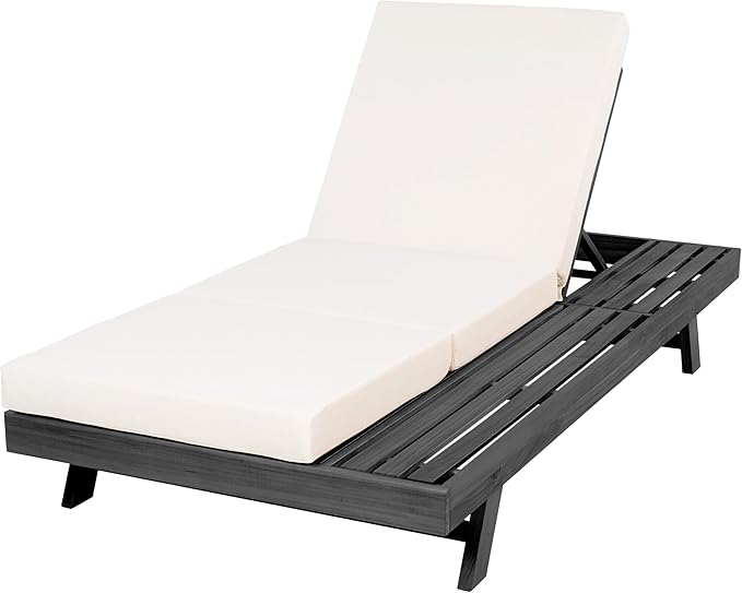 Christopher Knight Home Dami Patio Chaise Lounge Chair Outdoor with Foldable Cushion, Acacia Wood Poolside Sun Lounger with Space Available On One Side, Adjustable Backrest Pool Lounger, Black + Cream