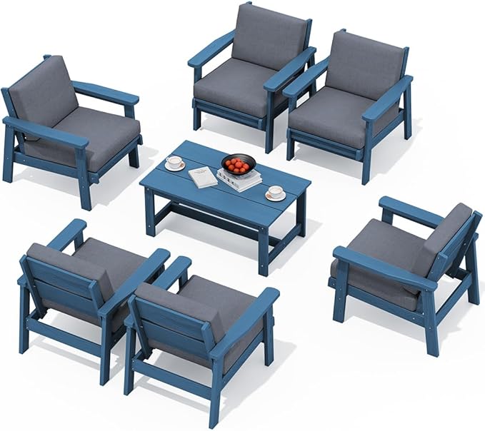 SERWALL HDPE Outdoor Furniture Set, 7 Piece All Weather Wood-Like Outdoor Sofa Sectional Couch - Photo 1