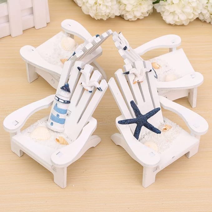 4 Pieces Wooden Adirondack Miniature Chair Ornaments with Nautical Life Ring for Coastal, Ocean, Beach Office Home Decoration Favor