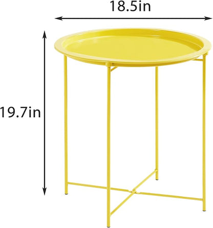 VECELO Side/End Table, Folding Round Metal Anti-Rust and Waterproof Outdoor or Indoor Tray for Living Room Bedroom Balcony and Office, 2 PCS, Yellow