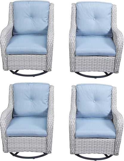 Rilyson Wicker Rocking Chair Swivel Chairs - 4 PC Rocker Patio Chairs Set Rattan Rocking Chair for Outdoor Porch Deck Garden Backyard(Light Grey/Sky Blue)