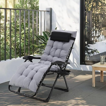 Zero Lounge Chair Supports 440 Lbs, Indoor/Outdoor Adjustable Folding Recliner with 33 Inch Seat, Removable Cup Holder & Headrest Grey