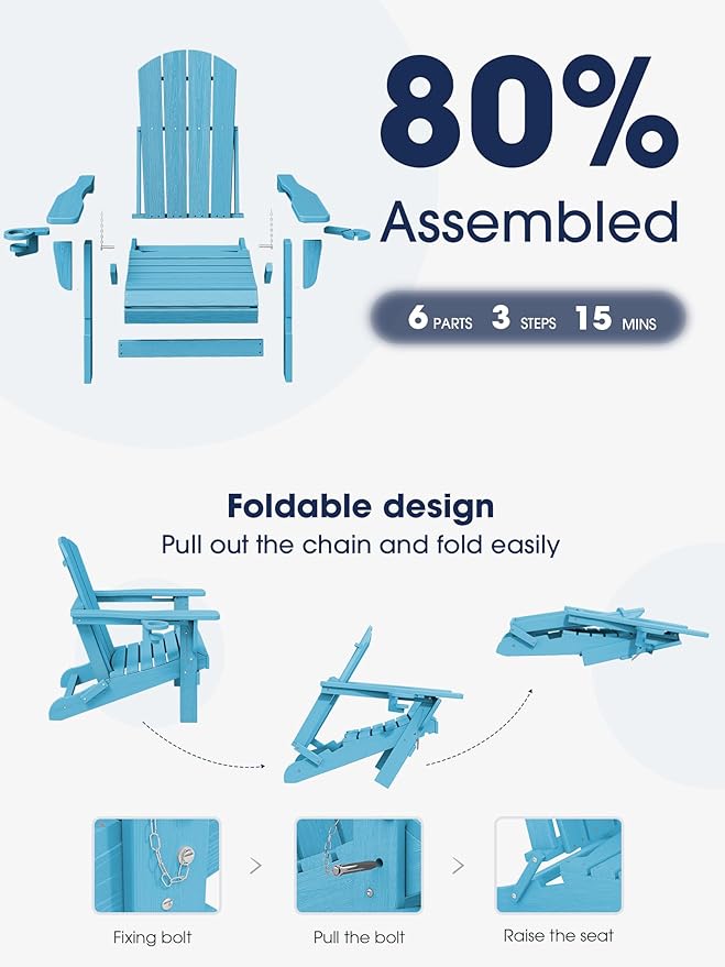 KINGYES Folding Adirondack Chair with Dual Cup Holders - HDPE All-Weather Outdoor Chairs - Photo 7