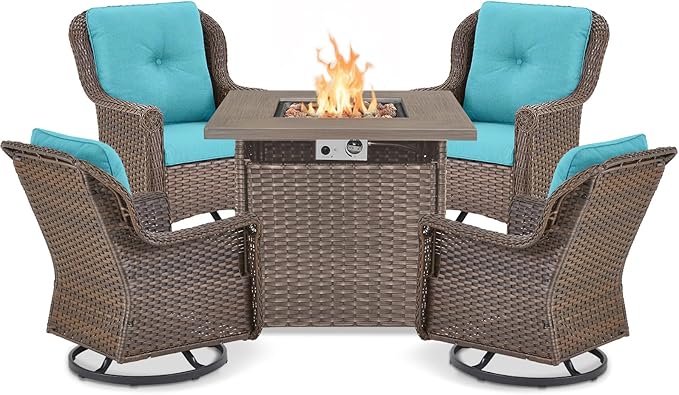 Outdoor Patio Swivel Gliders with Fire Pit Table 5 Piece Set - High Back Brown Wicker Rattan Rocking Chair with Thick - Photo 1