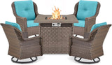 Outdoor Patio Swivel Gliders with Fire Pit Table 5 Piece Set - High Back Brown Wicker Rattan Rocking Chair with Thick - Photo 1