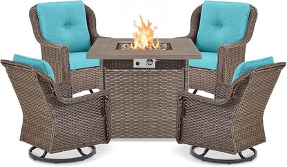 Outdoor Patio Swivel Gliders with Fire Pit Table 5 Piece Set - High Back Brown Wicker Rattan Rocking Chair with Thick Cushion for Porch Apartment Deck Yard Poolside Garden - Turquoise