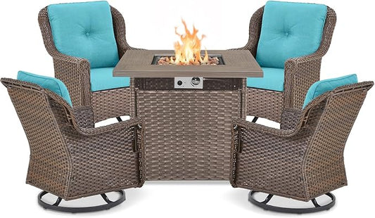 Outdoor Patio Swivel Gliders with Fire Pit Table 5 Piece Set - High Back Brown Wicker Rattan Rocking Chair with Thick Cushion for Porch Apartment Deck Yard Poolside Garden - Turquoise
